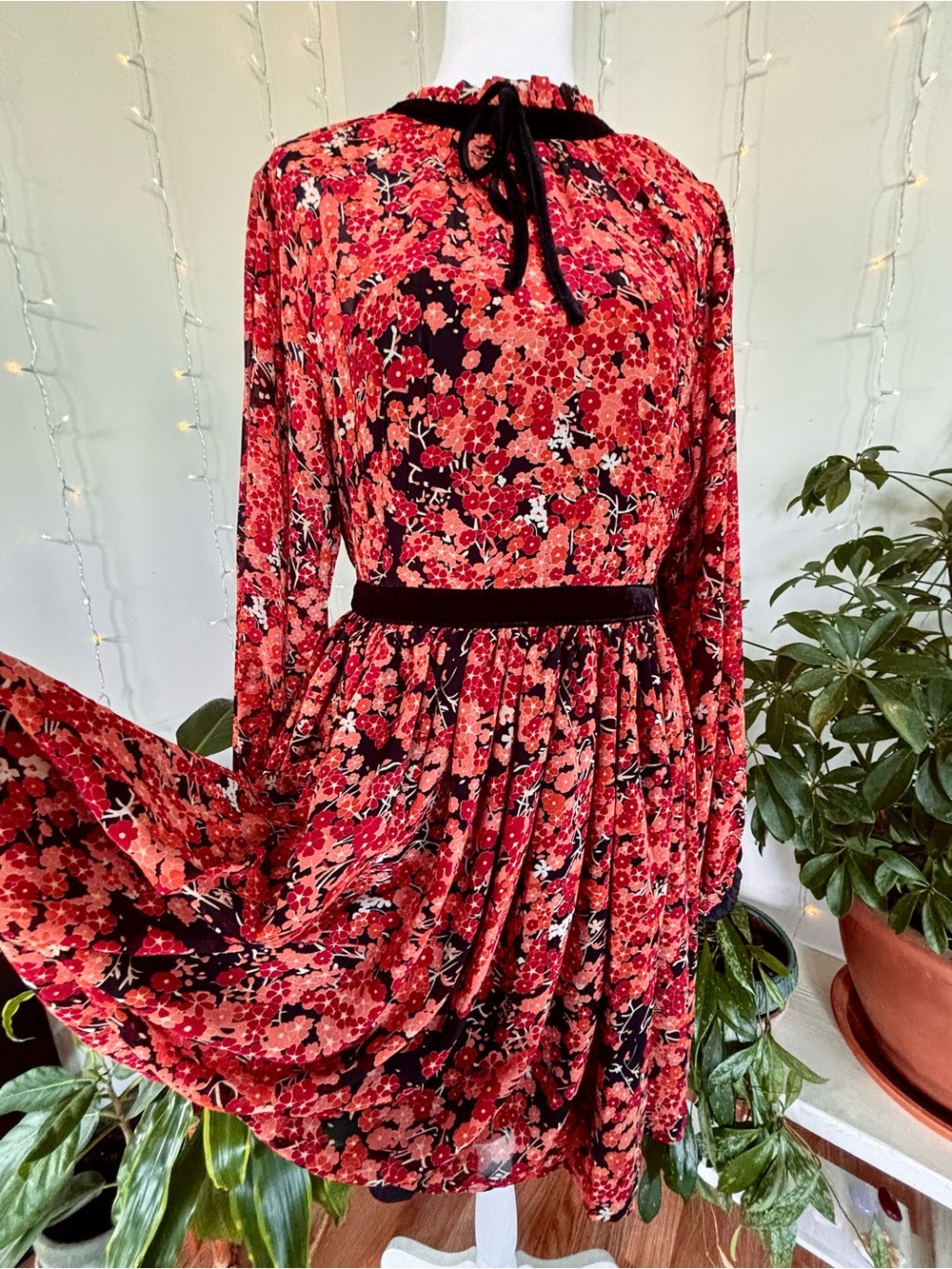 Unique Vintage Warm Floral Velvet Trim Mini Dress Cottagecore Prairie Size L